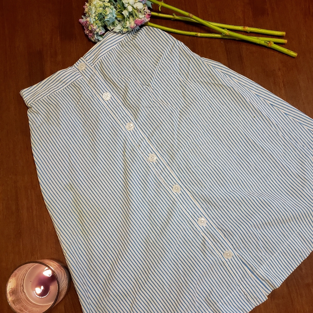 Blue and white striped midi skirt.